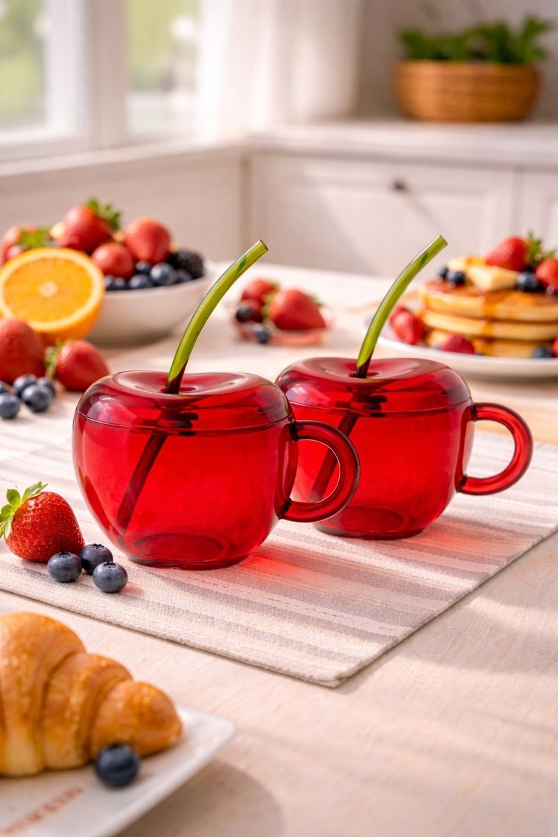 Bloomingware cherry-themed ceramic cups lifestyle